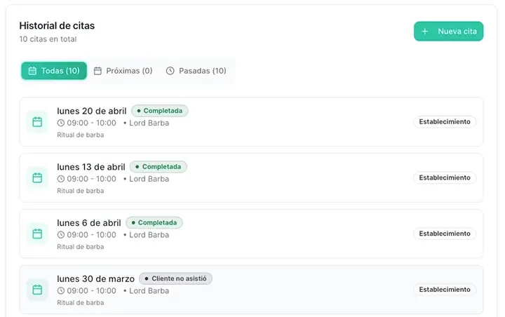 Historial de citas y ficha de cliente en Agendo