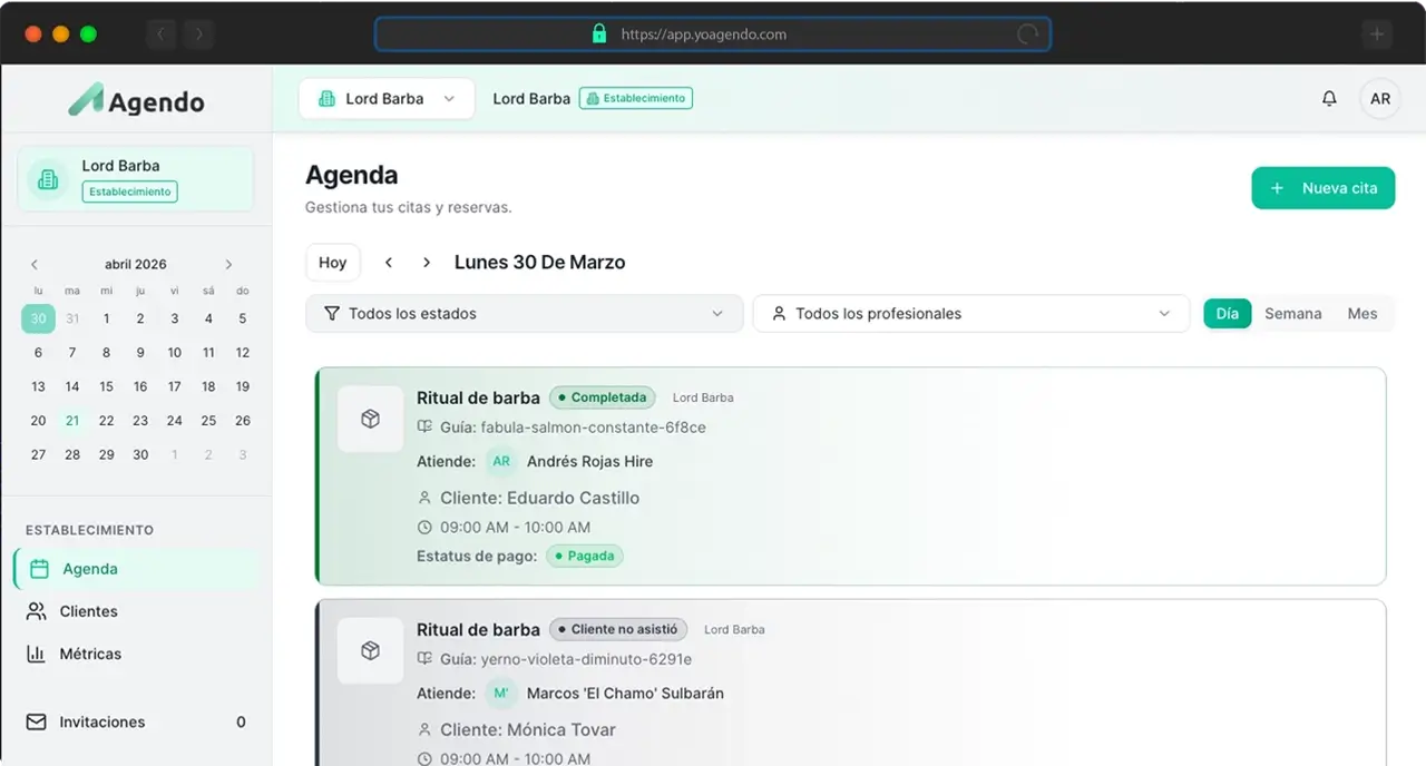 Vista de la agenda de Agendo en navegador